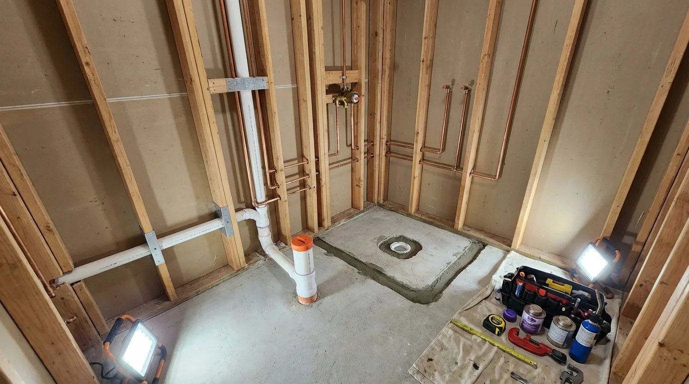Bathroom rough-in plumbing during remodel by Johns Plumbing LLC in North Eastham