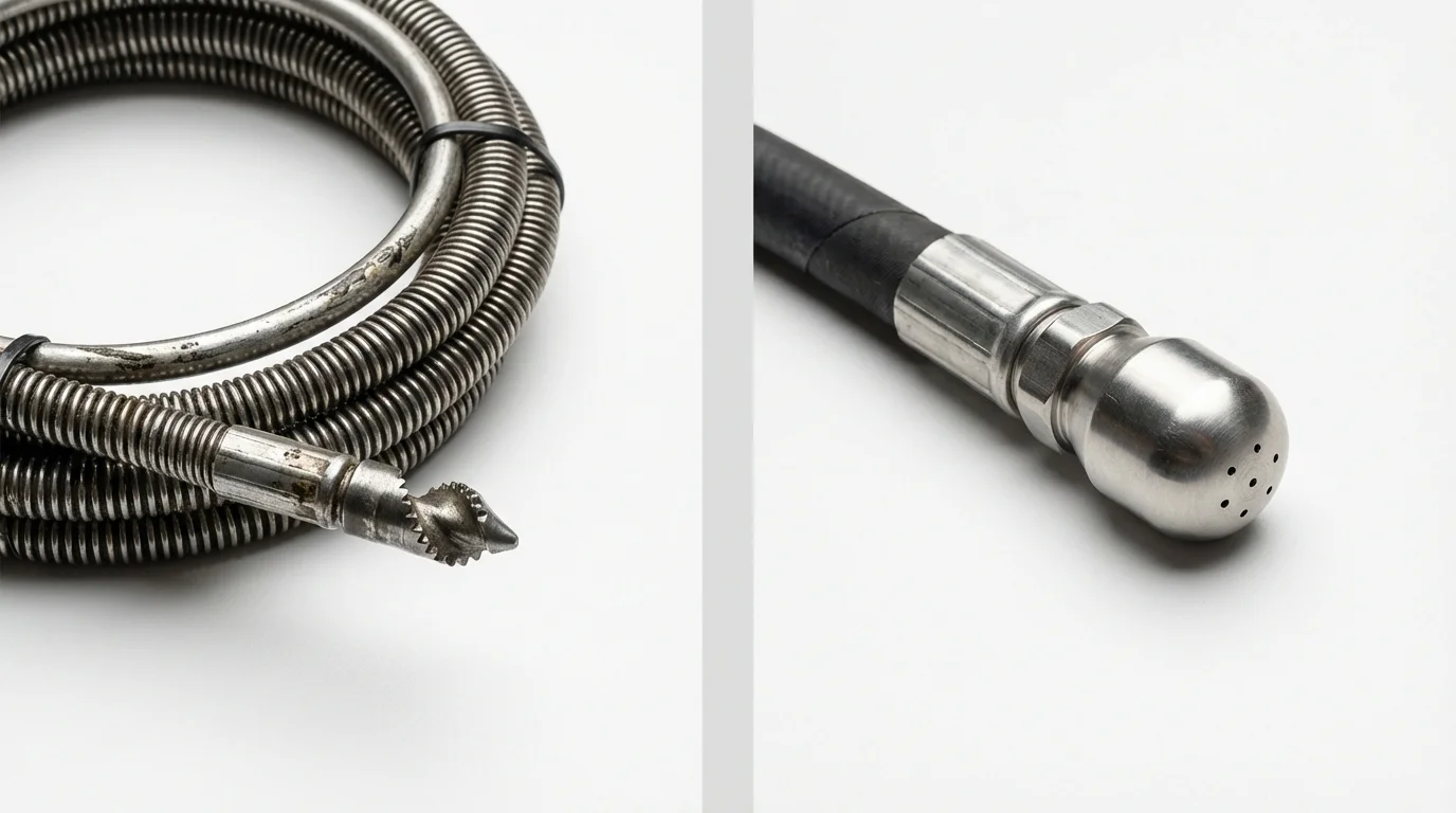 Drain snake cable and hydro jetting nozzle used for drain cleaning in North Eastham, MA
