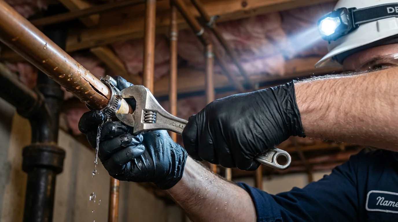 Emergency pipe clamp repair being performed by a Johns Plumbing LLC plumber in North Eastham