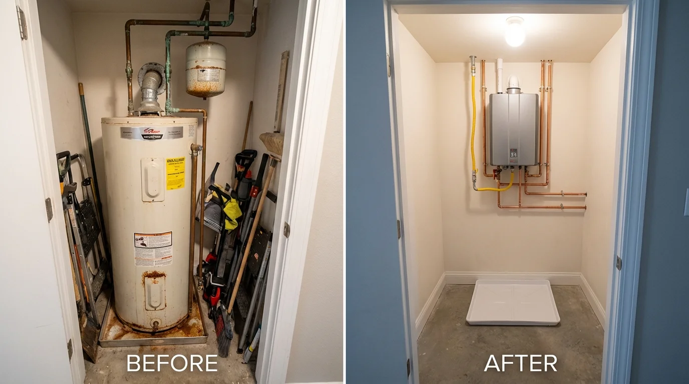 Tank water heater versus wall-mounted tankless unit comparison for North Eastham, MA homeowners
