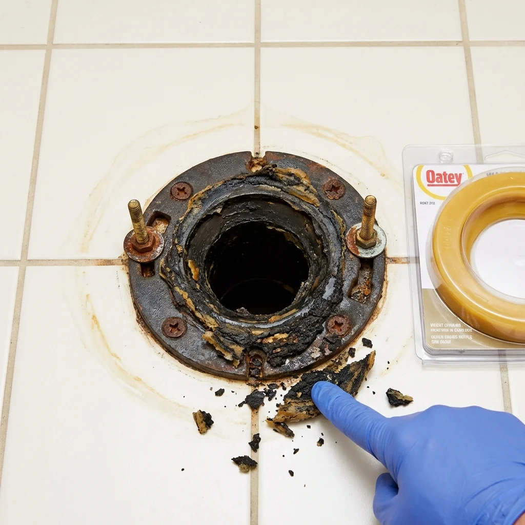 Failed wax ring showing water seepage at the base of a toilet in a North Eastham, MA home