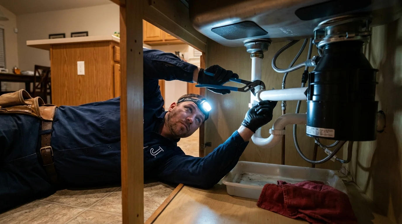 P-trap and supply line connections under a kitchen sink showing a common leak point in North Eastham, MA